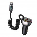 USB C 60W Super Fast Car Charger with Type C Coiled Cable 3-Port Cigarette Lighter