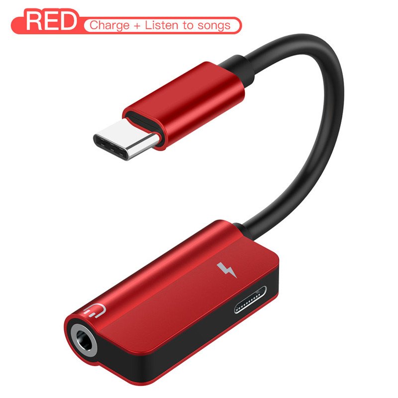 USB C Cable 2 in 1 Type-C 3.5mm Jack Audio Converter Headphone Adapter Cable for Huawei mate 10 P20 pro Xiaomi Mi 6 8 red