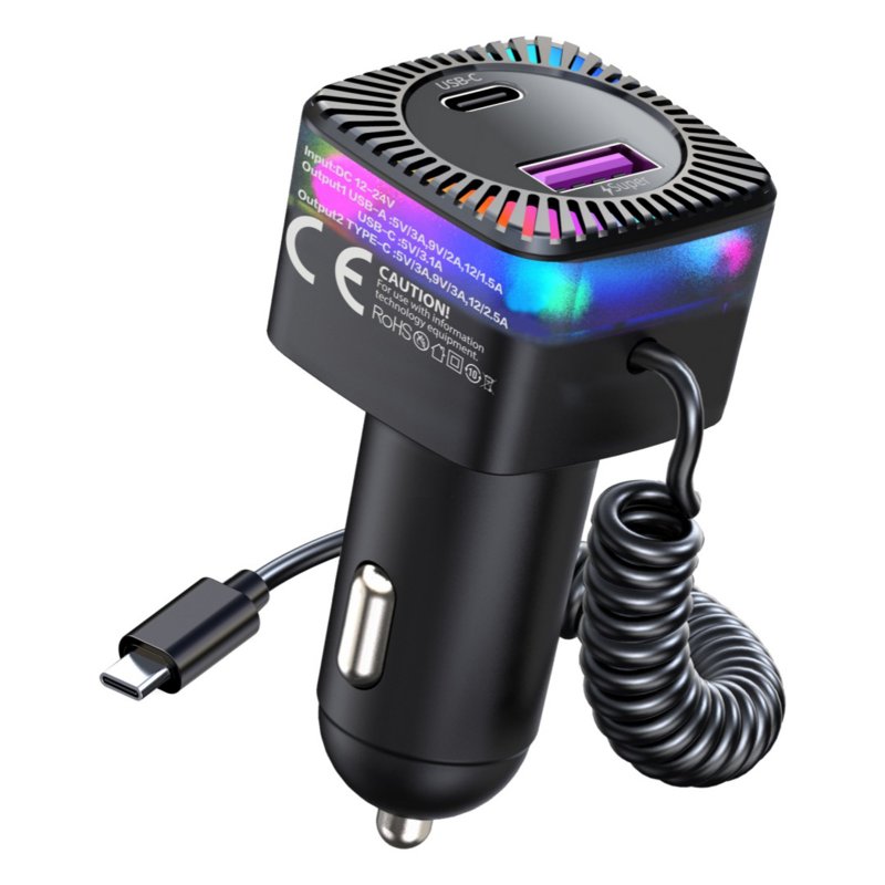 USB C Car Charger With 100W Type C Coiled Cable FM Transmitter Wireless Audio Receiver Car MP3 Player With Ambient Light black