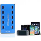 USB Charger 100W 10 Ports USB 20A Smart Phone Desktop Charging Station for 5V 2A for Samsung Xiaomi  blue Australian regulations