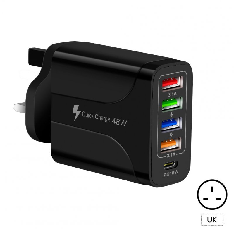 USB Charger Block Phone Charger 5 Ports 48W USB Power Adapter Smart Phone Wall Charger Block Cube Adapter Black UK plug