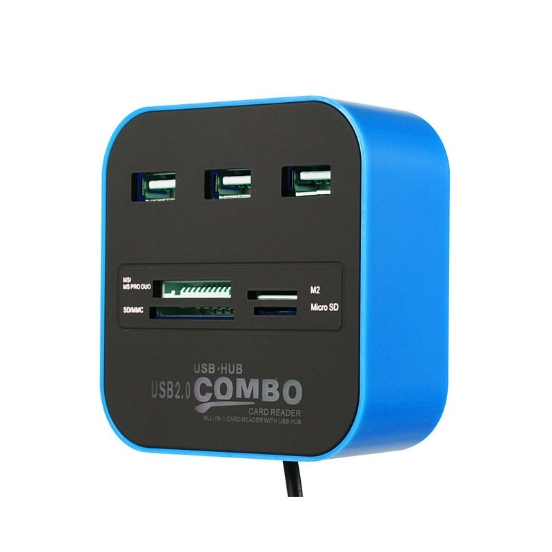 USB HUB Combo All in One USB 2.0 Micro SD High Speed Card Reader 3 Ports Adapter Connector for Tablet PC Computer Laptop blue
