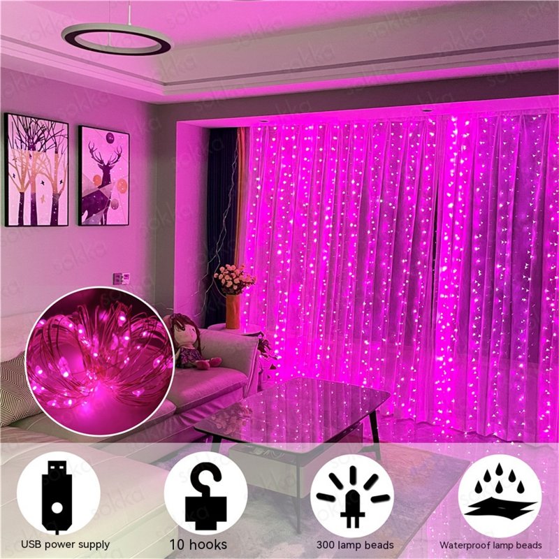 USB LED Curtain String Light With Remote Control IP44 Waterproof 8 Flashing Modes Window Fairy Lights For Merry Christmas Decorations Purple