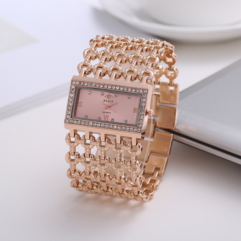 REALY Women's Quartz Diamond Case Alloy Bracelet Square Watch with Super Thin Hollow Strap 