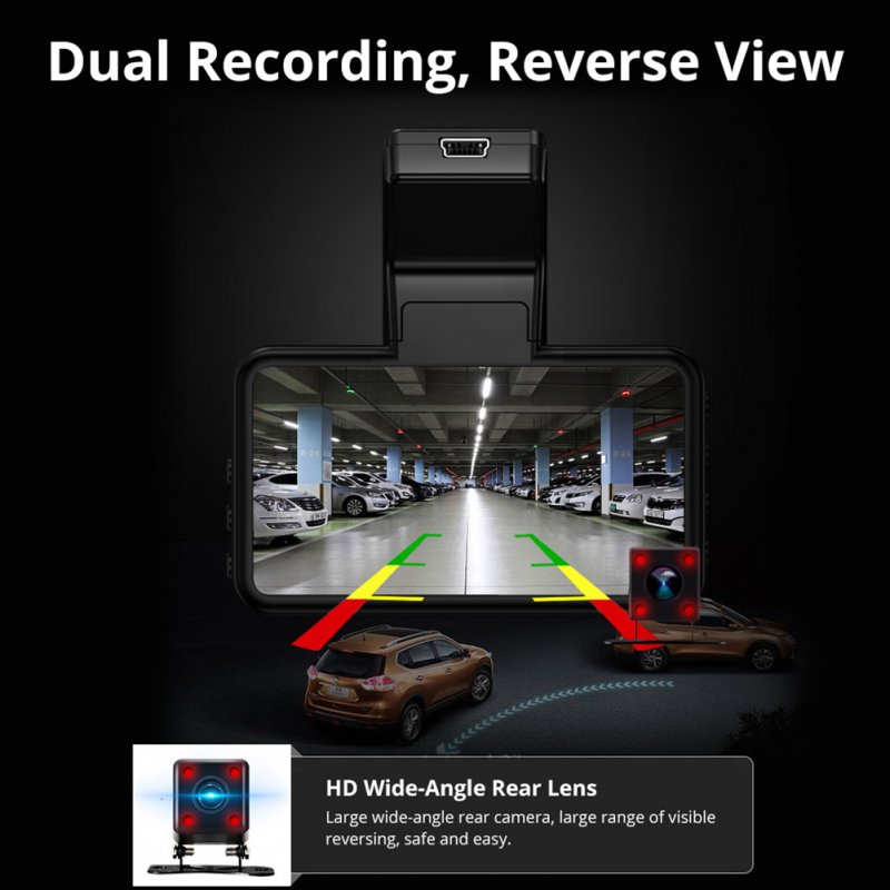 Dash Cam 3 inch Ips Screen Wide Angle Top Dashboard Camera Recorder G Sensor Night Vision Loop Recording 