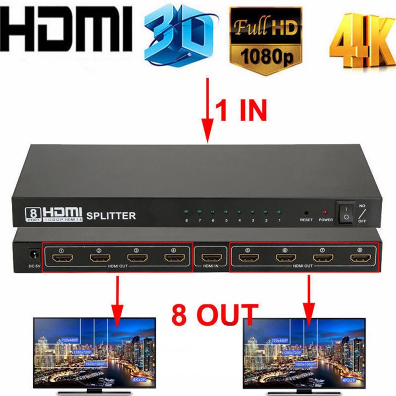 Ultra HD 4K HDMI Splitter 1 In 8 Out 8 Port Repeater Amplifier Hub 3D 1080p  UK plug