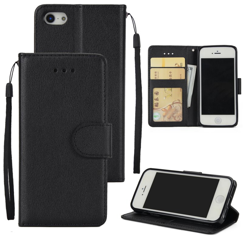 Ultra Slim PU Full Protective Cover Non-slip Shockproof Cell Phone Case with Card Slot for iPhone 5G/5S/5SE black