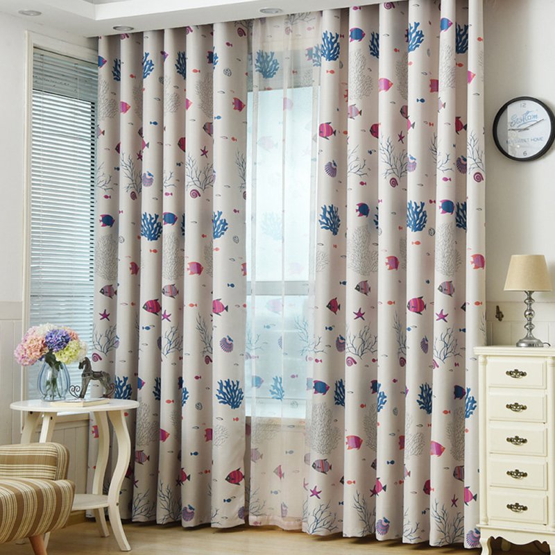 Underwater World Printing Window Curtain for Kids Room Shading Decor Coffee color cloth_1 meter wide x 2.7 meters high