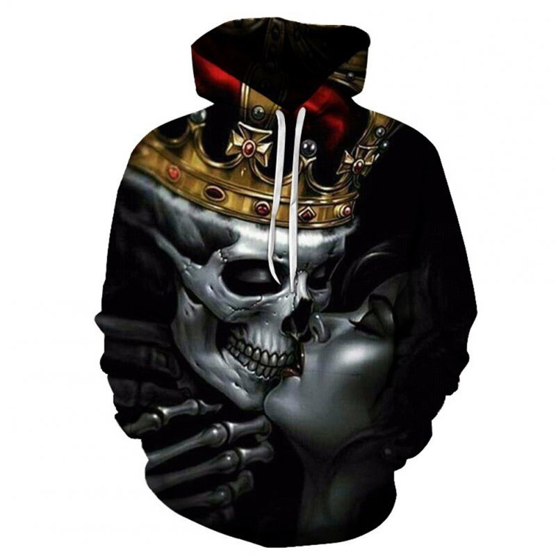 Unisex 3D Crown Skull Kiss Hoodies Couples Fashion Hooded Tops Baseball Sweatshirts as shown_S