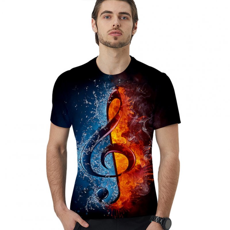 Unisex 3D Digital Printed Music Notes Ice-Fire Loose Round-collar Short-sleeved T-shirt as shown_XXL