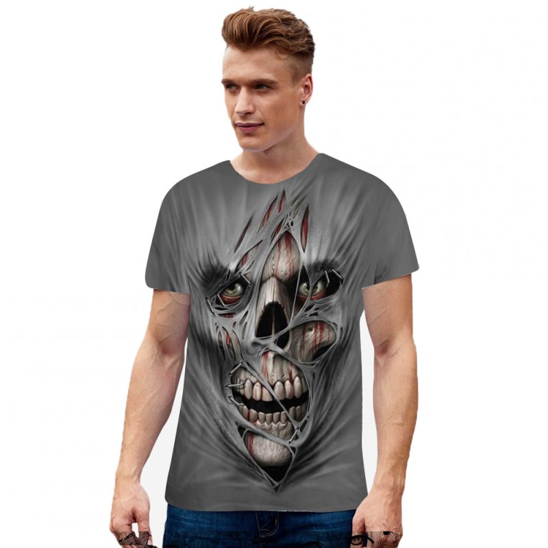 Unisex 3D Digital Skull Printed Round Neck Short Sleeve T-shirt as shown_XL