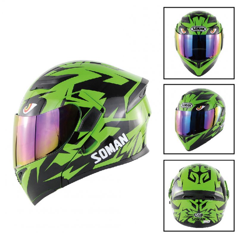 Unisex Advanced Double Lens Flip-up Motorcycle Helmet Off-road Safety Helmet green with colorful lens_XL