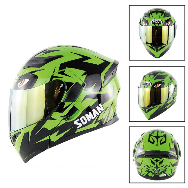 Unisex Advanced Double Lens Flip-up Motorcycle Helmet Off-road Safety Helmet green with gold lens_XXL