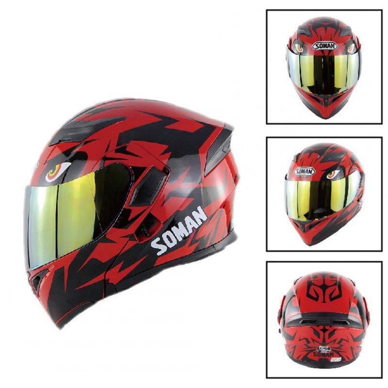 Unisex Advanced Double Lens Flip-up Motorcycle Helmet Off-road Safety Helmet red with gold lens_M