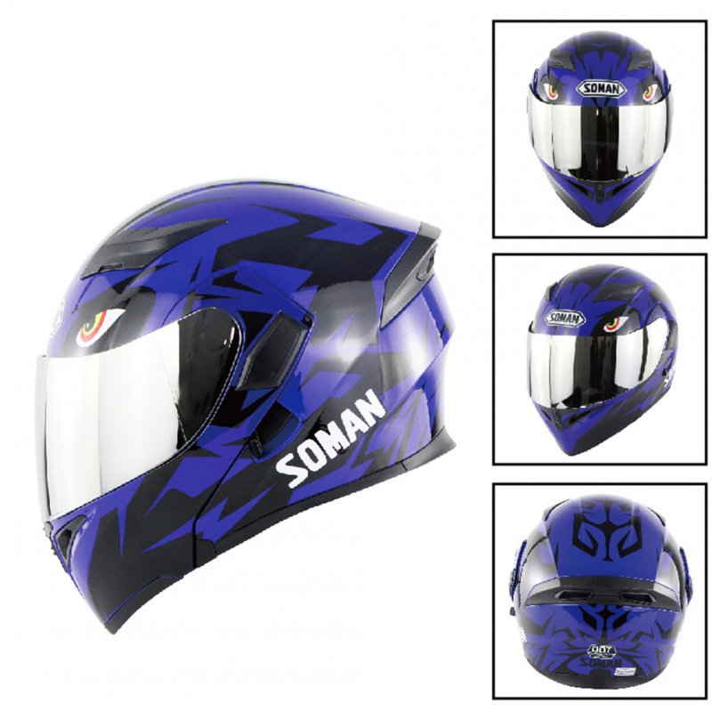 Unisex Advanced Double Lens Flip-up Motorcycle Helmet Off-road Safety Helmet blue with silver lens_L