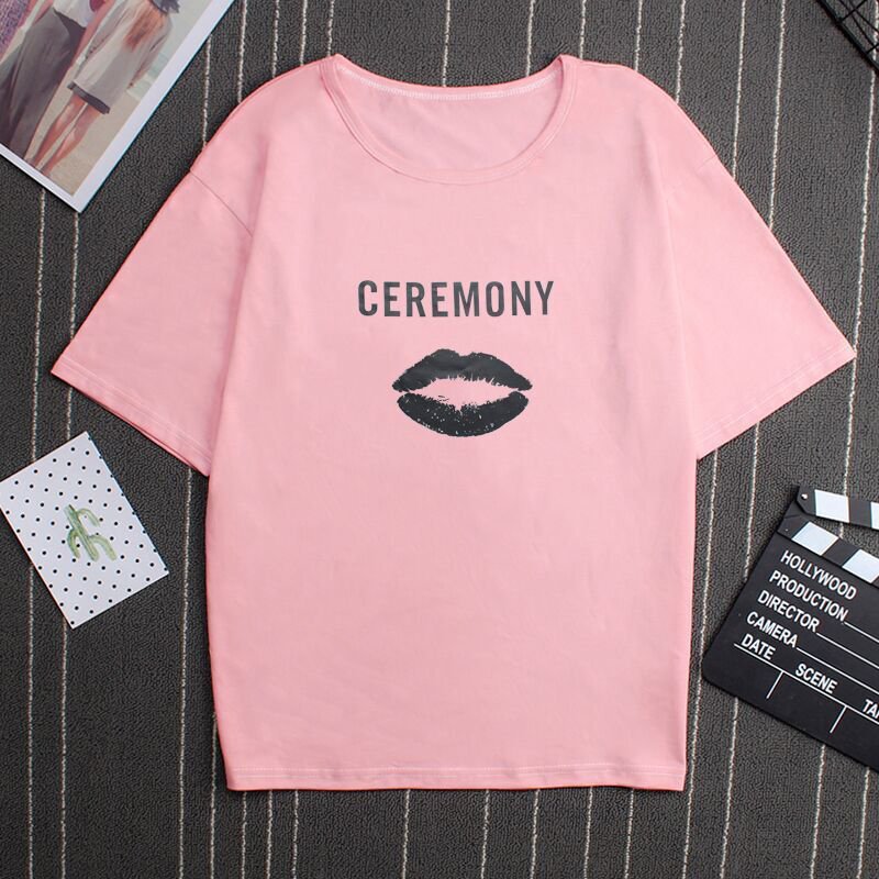 Unisex Casual Cartoon Letters Printing Round Collar T-shirt for Summer