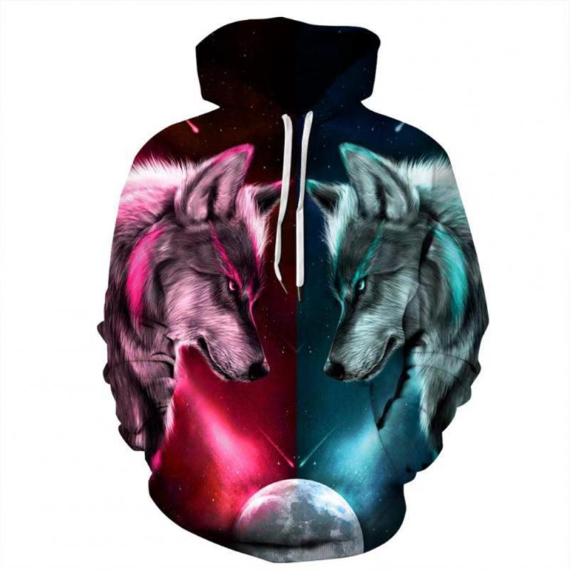 Unisex Casual Couple Wolf Pattern 3D Printing Large Size Fashion Hoody starry sky red and green wolf pattern_S