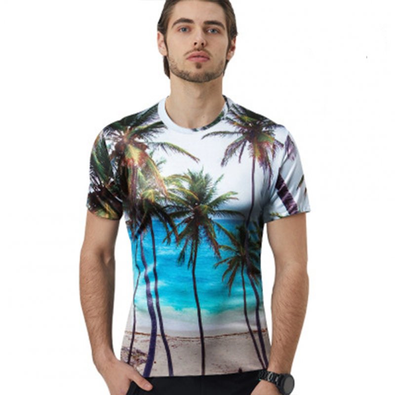 Unisex Coconut Tree 3D Digital Print Loose Short Sleeve Round Collar Large Size T-shirt Coconut Tree _L