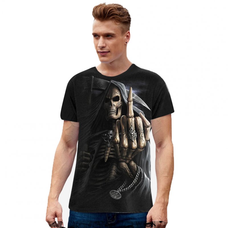 Unisex Cool 3D Skull Digital Printed Round Neck Cotton T-shirt as shown_M