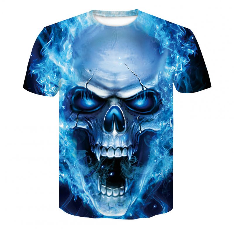 Unisex Delicate 3D Skull Printing Round Collar Fashion T-shirt Blue skull _S