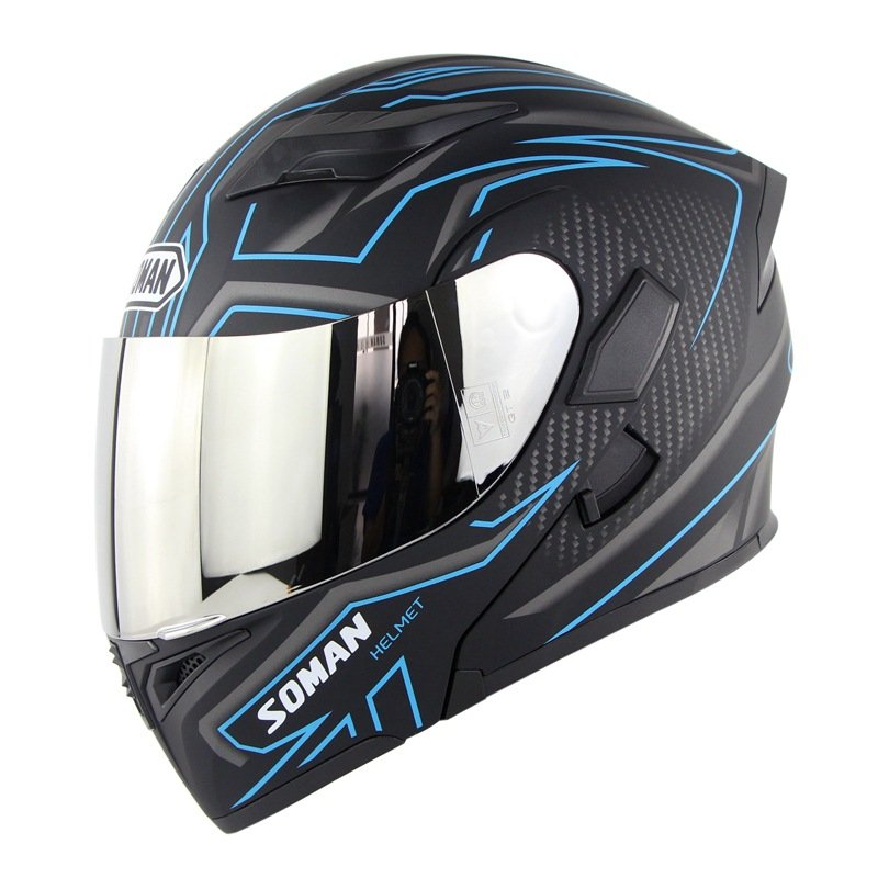 Unisex Double Lens Flip-up Motorcycle Helmet High Strength Safety Helmet Matte black blue with silver lens_L