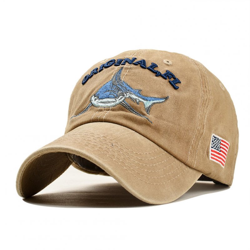 Unisex Embroidered Lettering Shark Pattern Baseball Cap Fashion Denim Sun Shade Hat Khaki_adjustable