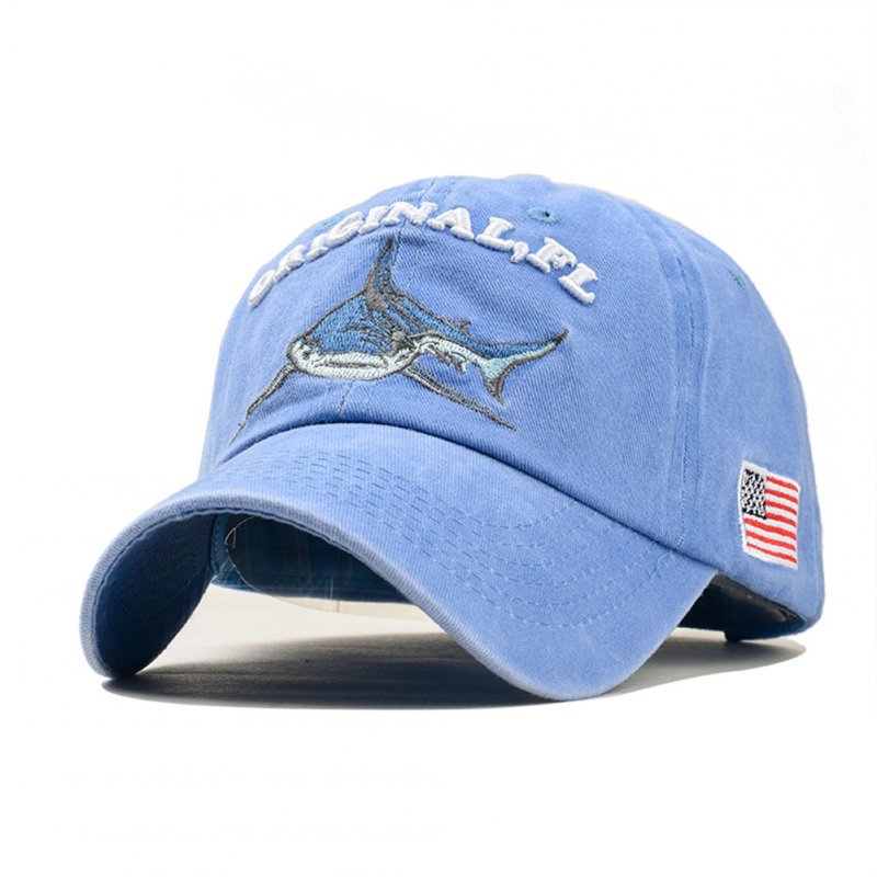 Unisex Embroidered Lettering Shark Pattern Baseball Cap Fashion Denim Sun Shade Hat Light blue_adjustable
