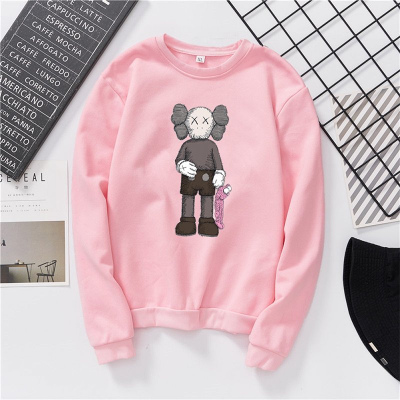 Unisex Fashion Casual Kaws Long Sleeved Blouses Plush Warm Round Collar Tops Pink_2XL