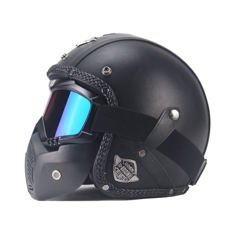 Unisex PU Leather Helmets 3/4 Motorcycle Chopper Bike Helmet Open Face Vintage Motorcycle Helmet with Goggle Mask  black_M