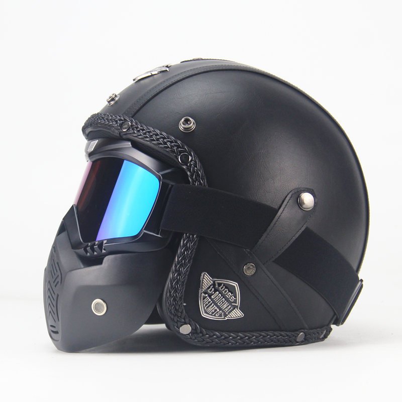 Unisex PU Leather Helmets 3/4 Motorcycle Chopper Bike Helmet Open Face Vintage Motorcycle Helmet with Goggle Mask  black_XL