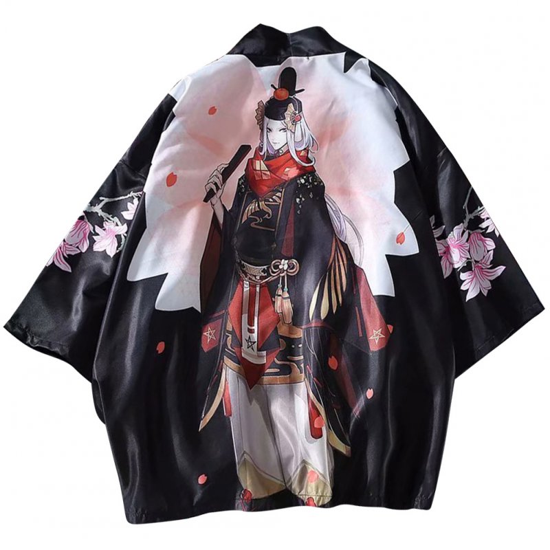 Unisex Retro Janpanese Style Kimono Shirt Robes Loose Three Quarters Sleeve Shirt Jacket 1929 black_XL