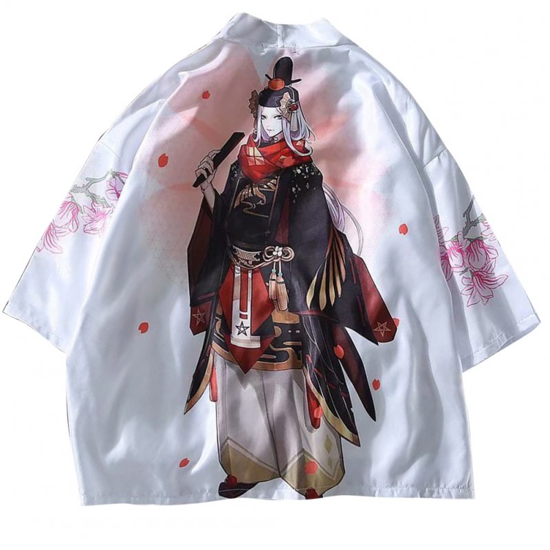 Unisex Retro Janpanese Style Kimono Shirt Robes Loose Three Quarters Sleeve Shirt Jacket 1929 white_S