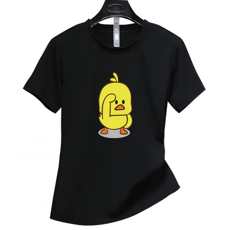 Unisex Short Sleeved Round Collar Casual Loose Yellow Duck Printed T-shirt black_XXL