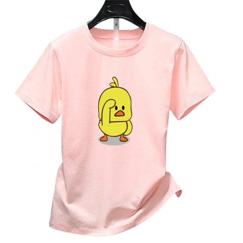 Unisex Short Sleeved Round Collar Casual Loose Yellow Duck Printed T-shirt pink_L