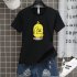 Unisex Short Sleeved Round Collar Casual Loose Yellow Duck Printed T shirt  black XL