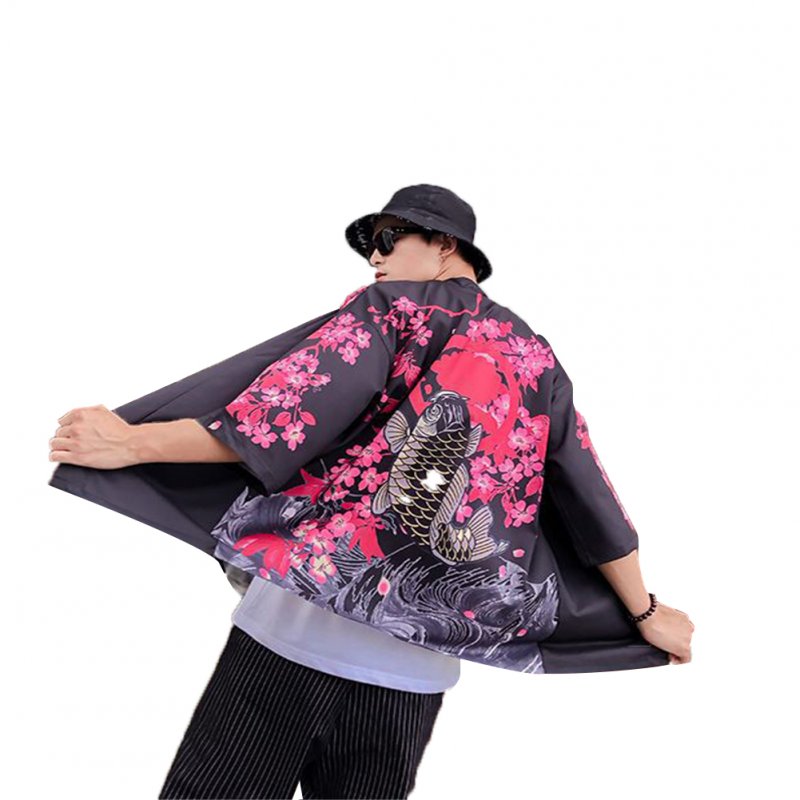 Unisex Vintage Koi Pattern Kimono Chinese Style Loose Sleeve Cotton Shirts Koi black_S
