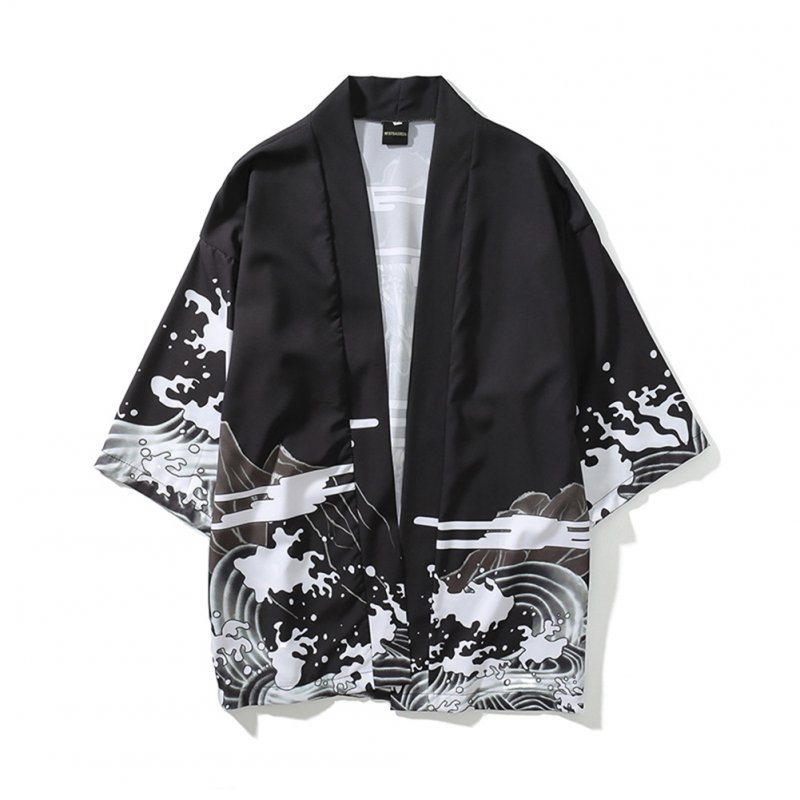 Unisex Vintage Ukiyo-E Pattern Kimono Loose Sleeve Cotton Shirts Tops Dragon black_S