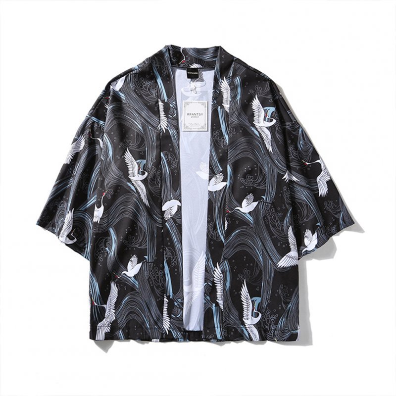 Unisex Vintage Ukiyo-E Pattern Kimono Loose Sleeve Cotton Shirts Tops Crane black_M
