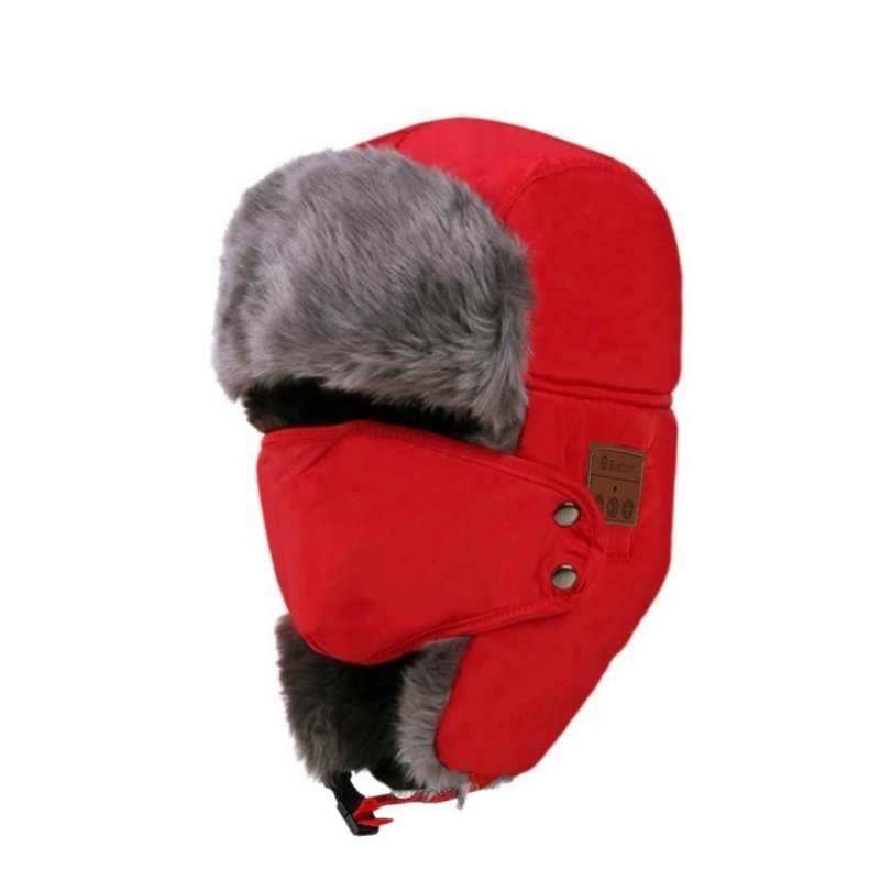 Unisex Women Men Cotton Winter Warm Bluetooth 5.0 Wireless Headset Cap Earphone Hat red