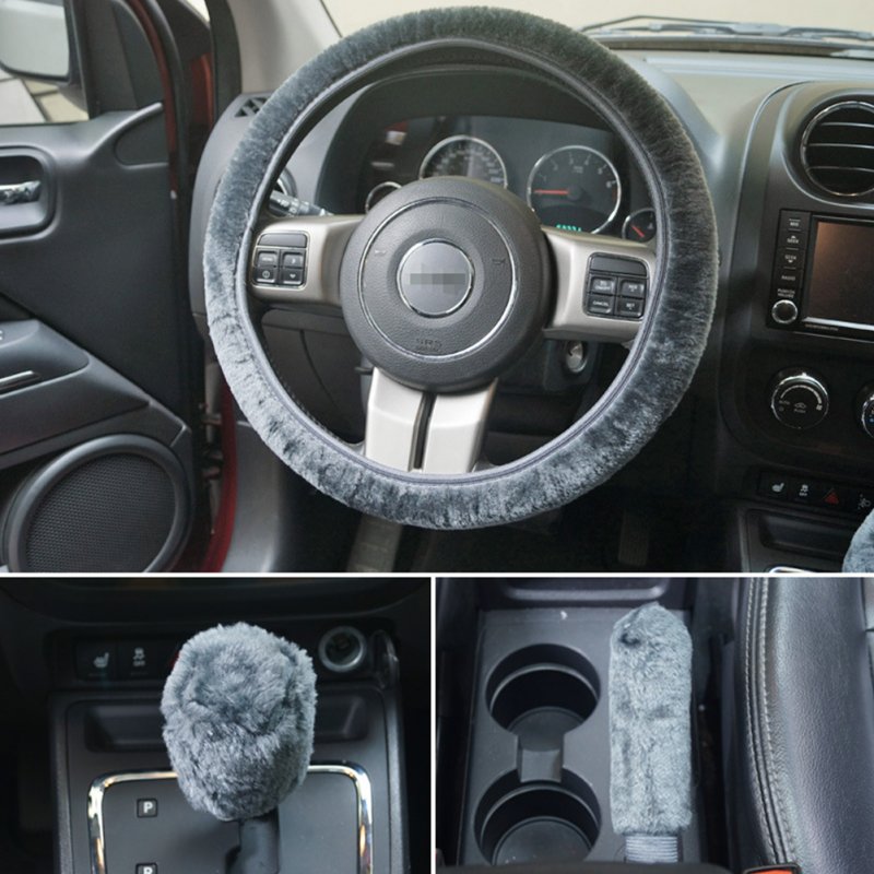 Universal Steering-wheel Plush Car Steering Wheel Covers Hand Brake Cover Gear Cover Set gray_38cm