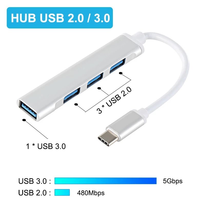 Usb C Hub 3.0 3.1 Type C 4 Port Multi Splitter Adapter OTG For Pc Computer Notebook Accessories Silver boxed