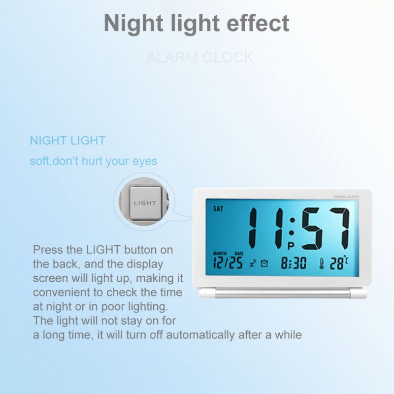 Electronic Alarm Clock With Night Light Folding Silent LCD Digital Clock With Snooze Mode Date Calendar 12/24 H Temperature Display For Travel 