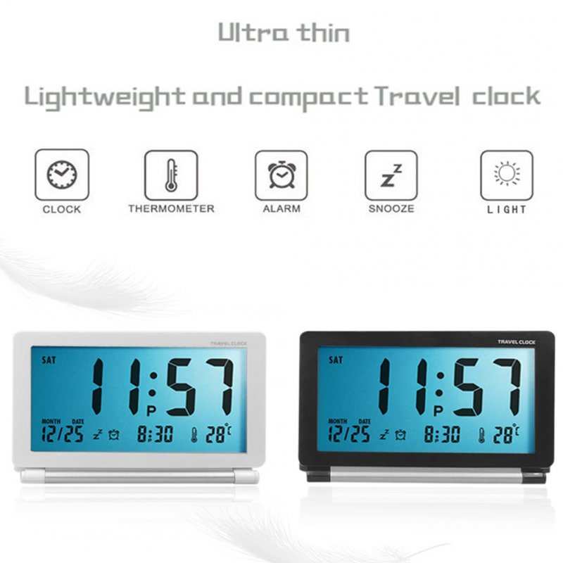 Electronic Alarm Clock With Night Light Folding Silent LCD Digital Clock With Snooze Mode Date Calendar 12/24 H Temperature Display For Travel 