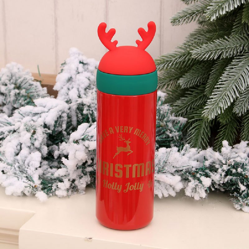 Vacuum Cup Christmas Stainless Steel Insulated Bottle with Antler Decoration red