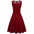 Very Ann Women Sleeveless Round Neck Floral Lace A line Swing Dress Claret XXL