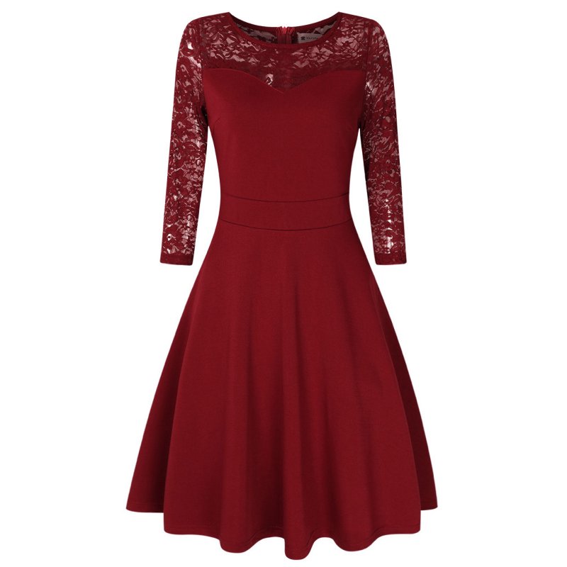 [US Direct] VeryAnn Women A Line Cocktail Dress Empire Lace Fit and Flare Dress Red wine_S