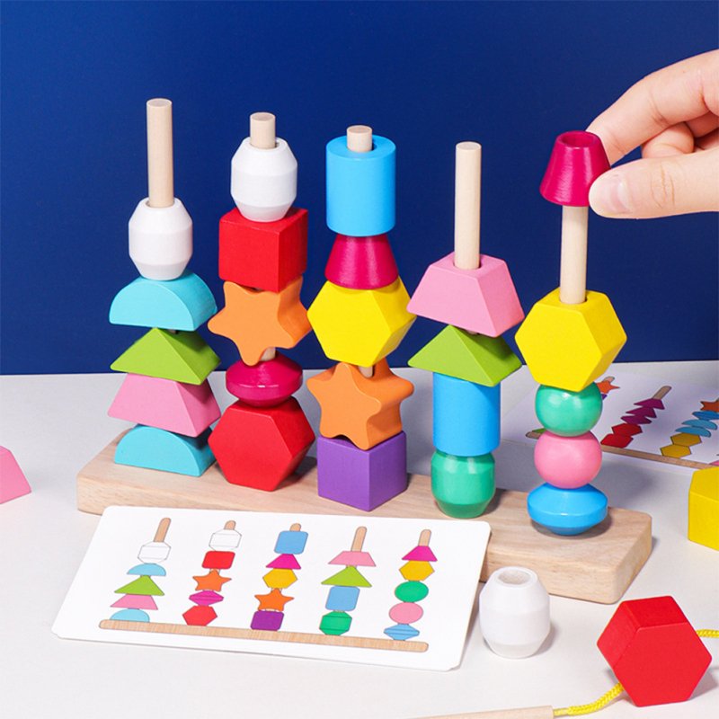 Beads Sequencing Toy Wooden Stacking Blocks Lacing Beads Shape Matching Color Cognition Learning Toys Gifts For Kids 