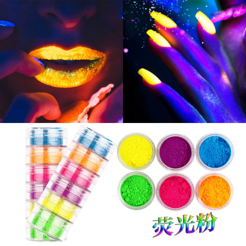 6pcs Neon Phosphor Pigment Powder Set Fluorescent Nail Glitter Eye Powder Nail Art Dust Pigment Paillettes 