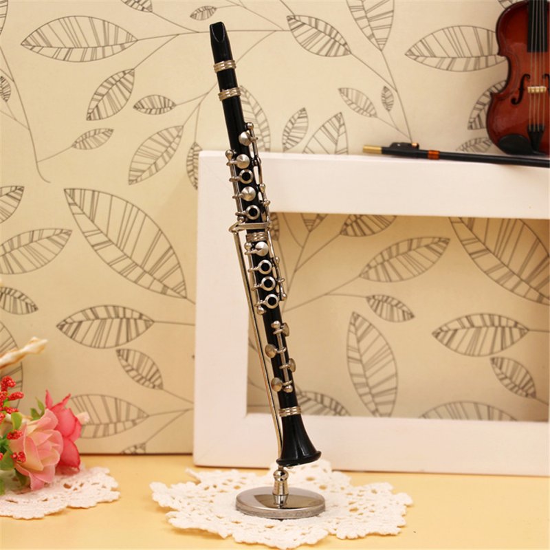 Mini Clarinet Model Musical Instrument Miniature Desk Decor Display with black leather box + bracket 13.5cm_Black clarinet 1/8 ratio