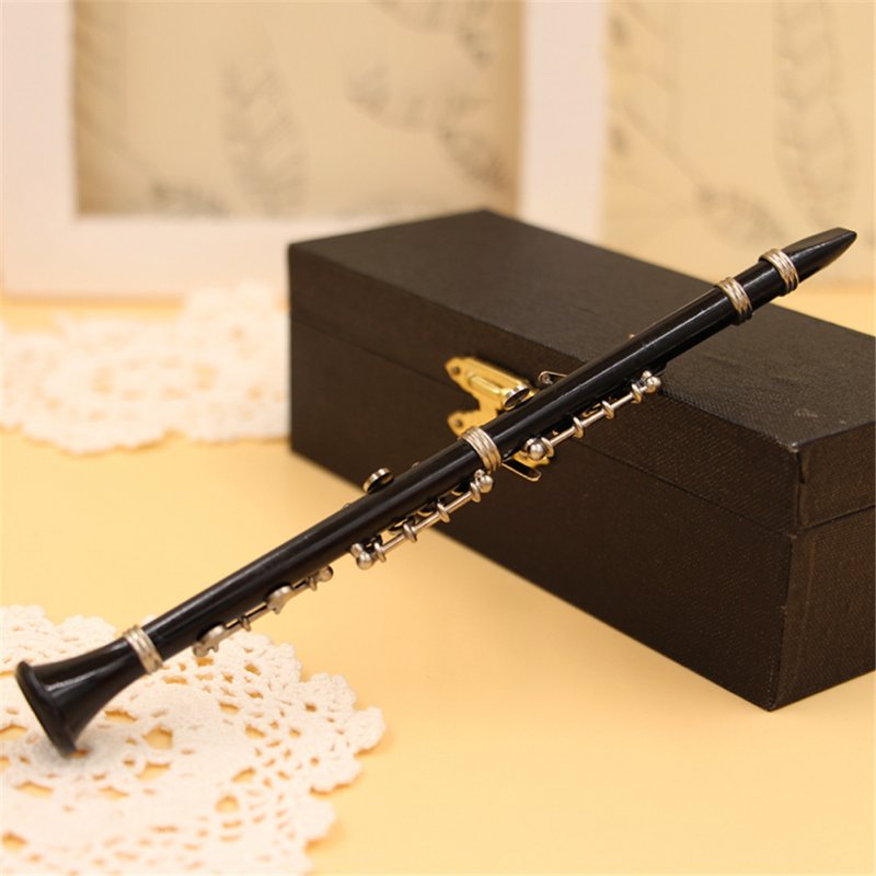 Mini Clarinet Model Musical Instrument Miniature Desk Decor Display with black leather box + bracket 13.5cm_Black clarinet 1/8 ratio
